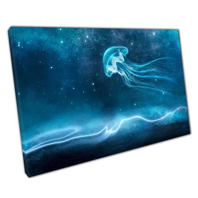 Luminous Galaxy Jellyfish Wall Art Mystical Ocean & Mountain Night Sky Print For Home Office Decor - image 1