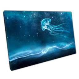Luminous Galaxy Jellyfish Wall Art Mystical Ocean & Mountain Night Sky Print For Home Office Decor - thumbnail 1