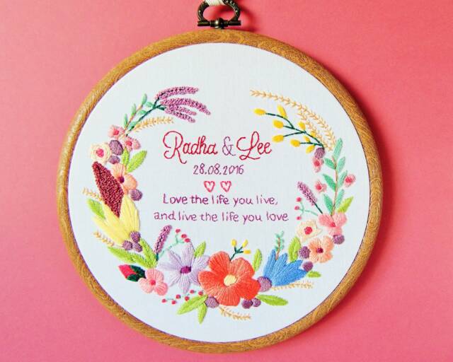 Personalised Wedding Gift, Floral Wall Art, Embroidery, Personalized Anniversary Gift For The Couple, Embroidery Hoop - image 1