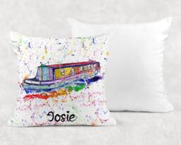 Personalised Watercolour Rainbow Narrow Boat Canal Cushion, Cuddle Pillow, Birthday Gift - thumbnail 1