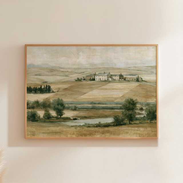 Farmhouse Landscape Poster, Neutral Countryside Wall Art, Rural Print - image 1