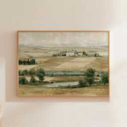 Farmhouse Landscape Poster, Neutral Countryside Wall Art, Rural Print - thumbnail 1