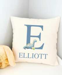 Personalised Blue Dinosaur Cushion, Boy Dino Bedroom Decor, Cushion Cover, Nursery Accessories, Name Pillow - thumbnail 1