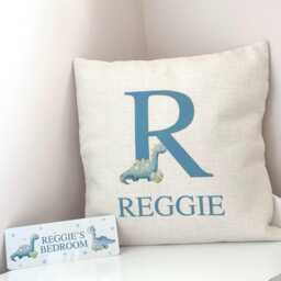 Personalised Blue Dinosaur Cushion, Boy Dino Bedroom Decor, Cushion Cover, Nursery Accessories, Name Pillow - thumbnail 3
