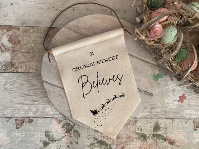 Personalised Christmas Flag, This House Believes Sign, Wall Hanging, Santa Stop Here We Believe Eve Box Gift - image 1