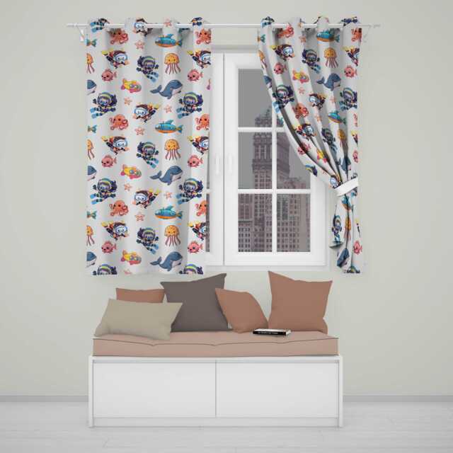 Kids Scuba Divers Submarine Jellyfish Ocean Animals Cream Background Readymade Eyelet Ring Top Thermal 100% Blackout Curtains - image 1