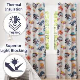 Kids Scuba Divers Submarine Jellyfish Ocean Animals Cream Background Readymade Eyelet Ring Top Thermal 100% Blackout Curtains - thumbnail 3