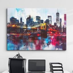 New York City Brooklyn Bridge Sunset Landmark Oil Painting Style Wall Art, Framed Calming Canvas Poster Print Home/Office Room Decor Gifts - thumbnail 1