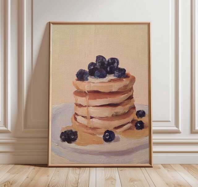 Blueberry Pancake Art Print - Modern Kitchen Wall Breakfast Food Poster Cozy Home Decor Still Life Painting - image 1