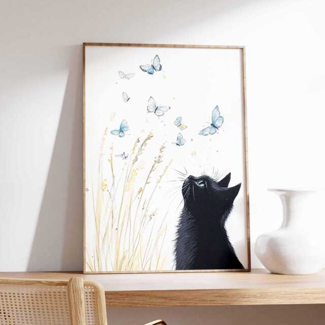 Black Cat Wall Art Print, Butterfly Modern Artwork, Cute Animal Decor For Bedroom Living Room - image 1
