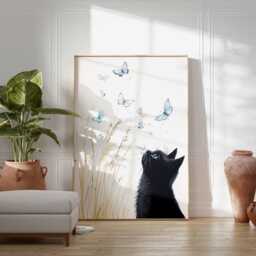 Black Cat Wall Art Print, Butterfly Modern Artwork, Cute Animal Decor For Bedroom Living Room - thumbnail 3