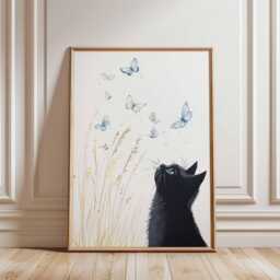 Black Cat Wall Art Print, Butterfly Modern Artwork, Cute Animal Decor For Bedroom Living Room - thumbnail 2