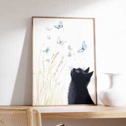 Black Cat Wall Art Print, Butterfly Modern Artwork, Cute Animal Decor For Bedroom Living Room - thumbnail 1