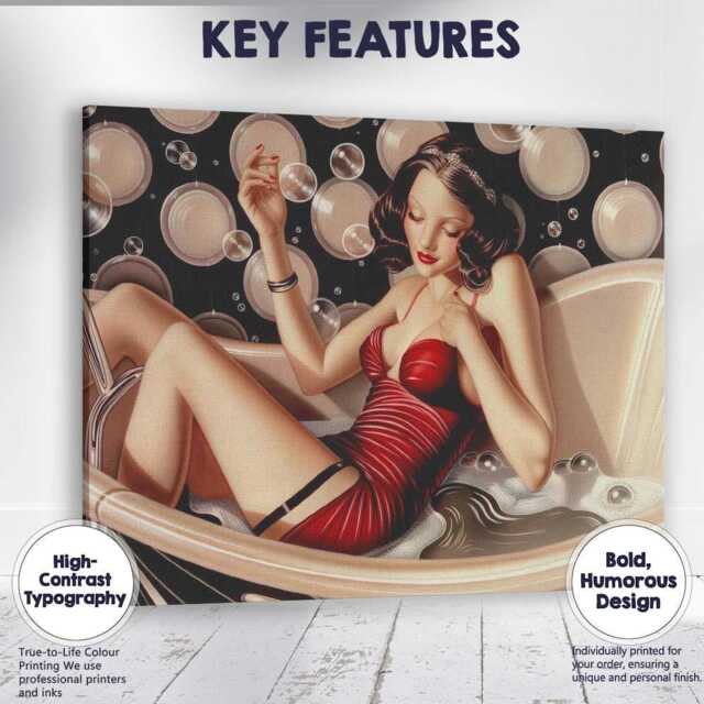 Art Deco Glamour Woman Relaxing in Bubble Bath Illustration Canvas Wall Print Decor Picture Ready To Hang - image 1