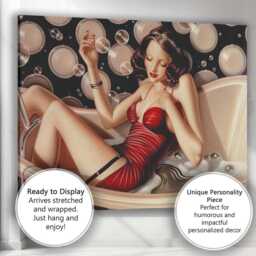 Art Deco Glamour Woman Relaxing in Bubble Bath Illustration Canvas Wall Print Decor Picture Ready To Hang - thumbnail 3