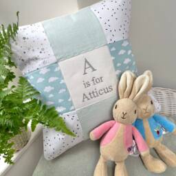 Mint Skies Alphabet Cushion, Mint Cushion, Cloud Baby Nursery Alphabet Personalised Cushion - thumbnail 2