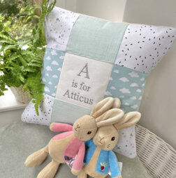 Mint Skies Alphabet Cushion, Mint Cushion, Cloud Baby Nursery Alphabet Personalised Cushion - thumbnail 1