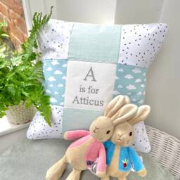 Mint Skies Alphabet Cushion, Mint Cushion, Cloud Baby Nursery Alphabet Personalised Cushion - thumbnail 3