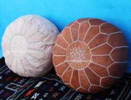 Handmade Moroccan Leather Pouf Set White Tan & Natural Floor Seating