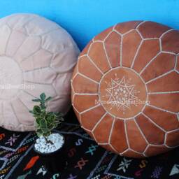 Handmade Moroccan Leather Pouf Set White Tan & Natural Floor Seating - thumbnail 4