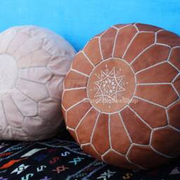 Handmade Moroccan Leather Pouf Set White Tan & Natural Floor Seating - thumbnail 3