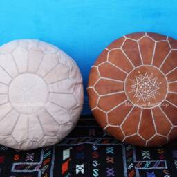 Handmade Moroccan Leather Pouf Set White Tan & Natural Floor Seating - thumbnail 2