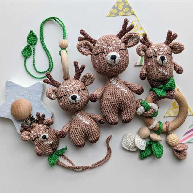 Crochet Deer Baby Gift Set Newborn Rattle, Pacifier Clip, Stuffed Animal & Stroller Toy - image 1