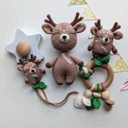 Crochet Deer Baby Gift Set Newborn Rattle, Pacifier Clip, Stuffed Animal & Stroller Toy - thumbnail 2