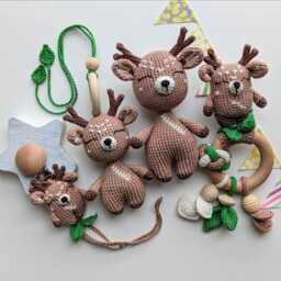 Crochet Deer Baby Gift Set Newborn Rattle, Pacifier Clip, Stuffed Animal & Stroller Toy