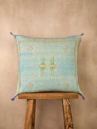 Summer Clearance Sale Denim Blue Luxury Cactus Silk Cushion, Natural Sabra Fabric, Grade One Quality, Handpicked, Unique & One-Of-A-Kind