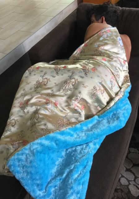 "Asian Golden Dragon Brocade & Turquoise Minky Throw Blanket ""Donna Lee" - image 1