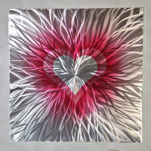 Valentines Heart Metal Wall Art, Silver & Red, Indoor Outdoor - image 1