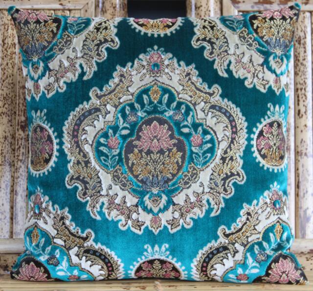 Teal Damask Pillow Cover Velvet Upholstery Cushion, 17x17 Inch - image 1
