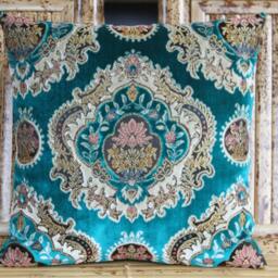 Teal Damask Pillow Cover Velvet Upholstery Cushion, 17x17 Inch - thumbnail 2