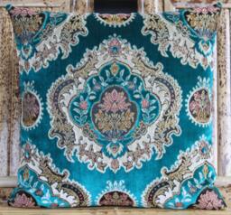 Teal Damask Pillow Cover Velvet Upholstery Cushion, 17x17 Inch - thumbnail 1