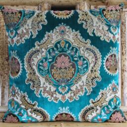 Teal Damask Pillow Cover Velvet Upholstery Cushion, 17x17 Inch - thumbnail 3