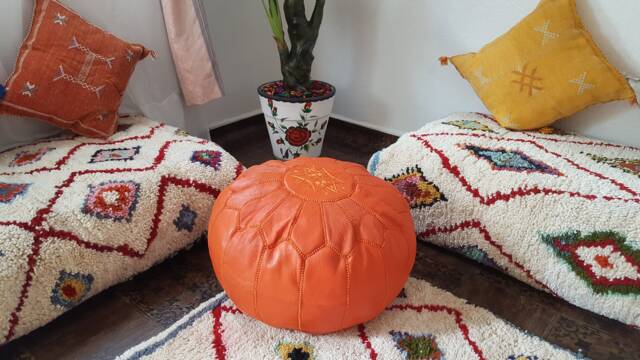 Stuffed Moroccan Leather Pouf, Pouf Ottoman, Handmade Floor Poof, Footstool, Ottoman Table, & Stools