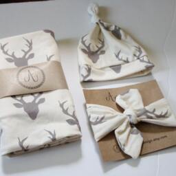 Grey Bucks Swaddle Set, & White, Woodland Creatures, Jersey Knit Blanket, Baby Nursing Cover, Gender Neutral - thumbnail 4