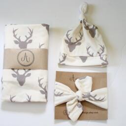 Grey Bucks Swaddle Set, & White, Woodland Creatures, Jersey Knit Blanket, Baby Nursing Cover, Gender Neutral - thumbnail 3