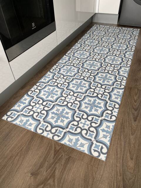 Blue Vinyl Runner Rug in Portuguese Azulejos Tile Design, Decorative Kitchen & Hallway Floor Mat - Madeira - image 1