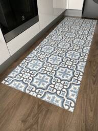 Blue Vinyl Runner Rug in Portuguese Azulejos Tile Design, Decorative Kitchen & Hallway Floor Mat - Madeira