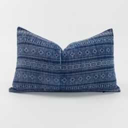 Vintage Hmong Indigo Batik Hemp Lumbar Pillow Cover - 12x20 - thumbnail 1