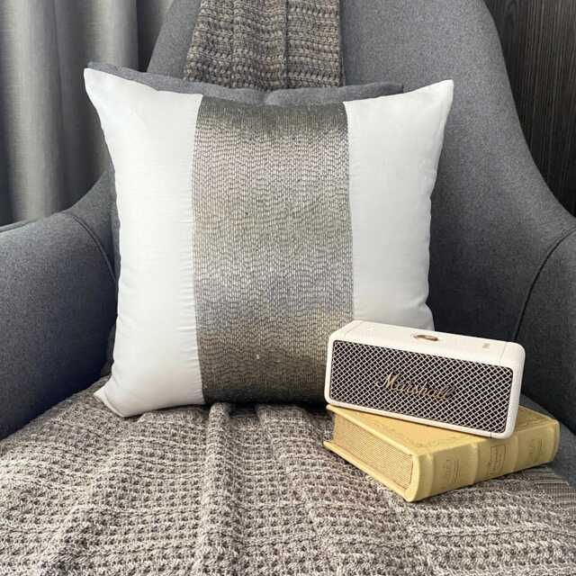 White Art Silk Beaded Center Band/Stripe Decorative Throw Pillow Cover, 16x16 Designer Modern Style Custom Cushion Cover - Sparkle - image 1