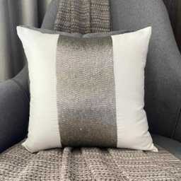 White Art Silk Beaded Center Band/Stripe Decorative Throw Pillow Cover, 16x16 Designer Modern Style Custom Cushion Cover - Sparkle - thumbnail 3