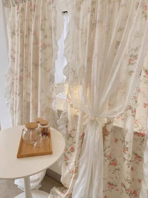 Double Layer Lace Floral Cotton & Linen Curtain, Farmhouse Country Style Cream Ruffle One Panel Double-Layered Curtain - image 1