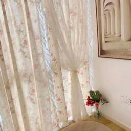 Double Layer Lace Floral Cotton & Linen Curtain, Farmhouse Country Style Cream Ruffle One Panel Double-Layered Curtain - thumbnail 3