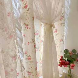 Double Layer Lace Floral Cotton & Linen Curtain, Farmhouse Country Style Cream Ruffle One Panel Double-Layered Curtain - thumbnail 2