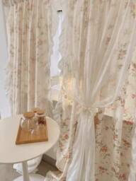 Double Layer Lace Floral Cotton & Linen Curtain, Farmhouse Country Style Cream Ruffle One Panel Double-Layered Curtain - thumbnail 1