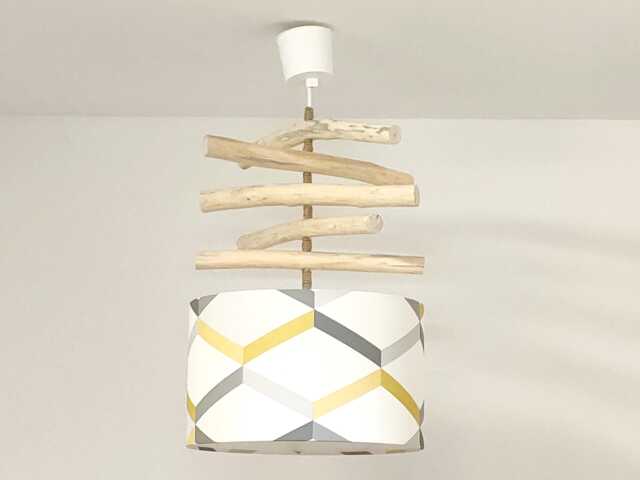 Scandinavian Driftwood Chandelier, Yellow & Gray - French Handcrafted Pendant Light Natural Lighting For Living Room Bedroom - image 1