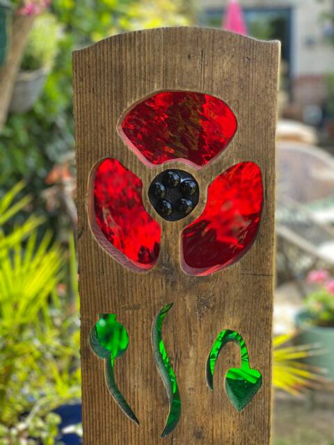 Poppy Flower Garden Sculpture - Personalised Memorial Gift Reclaimed Wood & Stained Glass - image 1